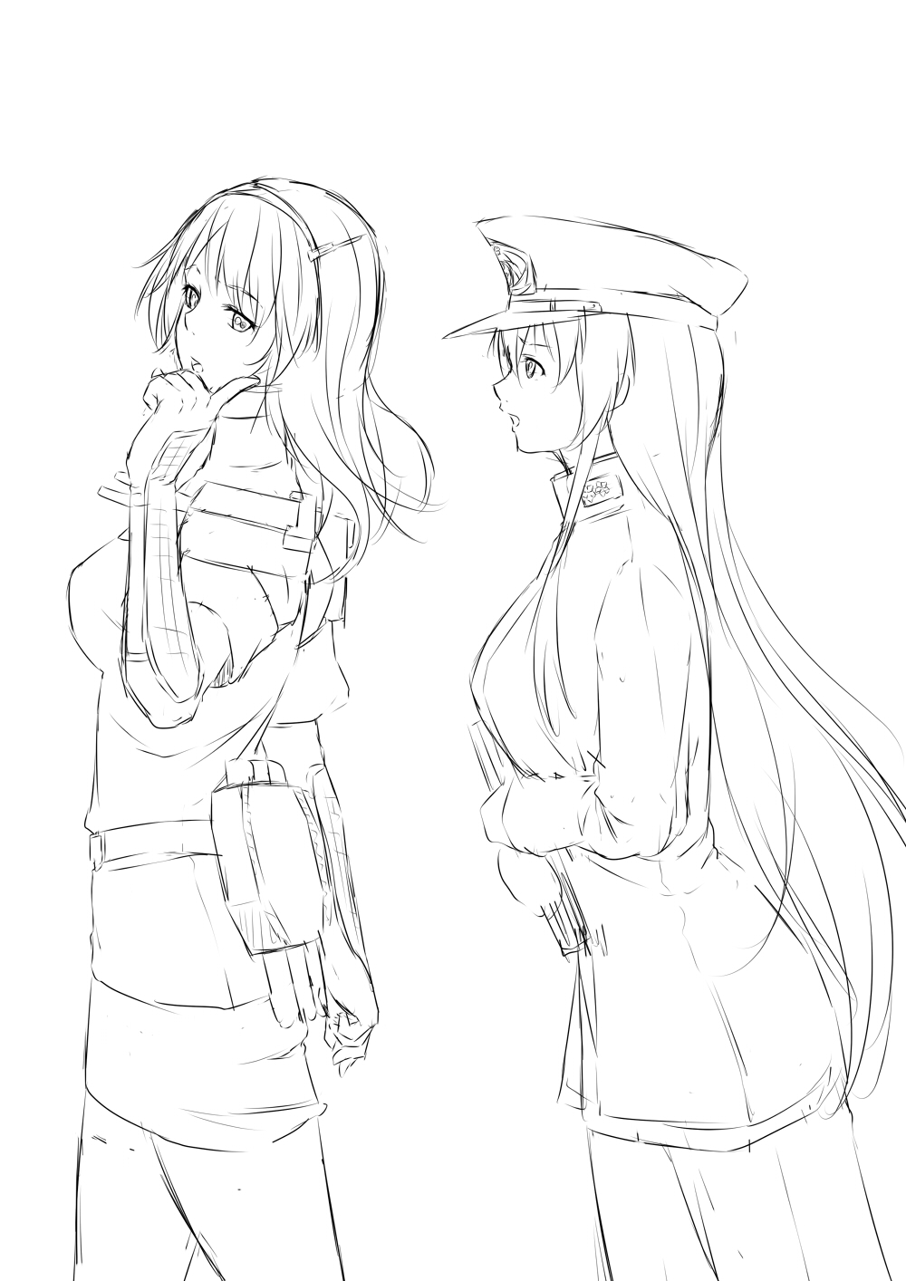 ashigara_(kantai_collection) female_admiral_(kantai_collection) gloves greyscale hairband hat highres kantai_collection long_hair military military_uniform monochrome multiple_girls naval_uniform niwatazumi sketch tatebayashi_sakurako uniform walking