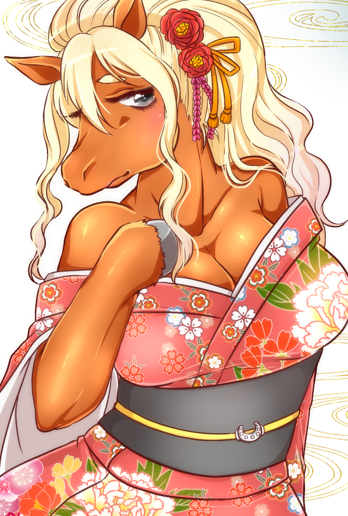 &#38463;&#21335;&#12422;&#12383;&#12363; ????? blonde_hair breasts clothed clothing equine eyebrows eyelashes female flower hair hooves horse japanese_clothing kimono long_hair looking_away mammal plain_background solo white_background