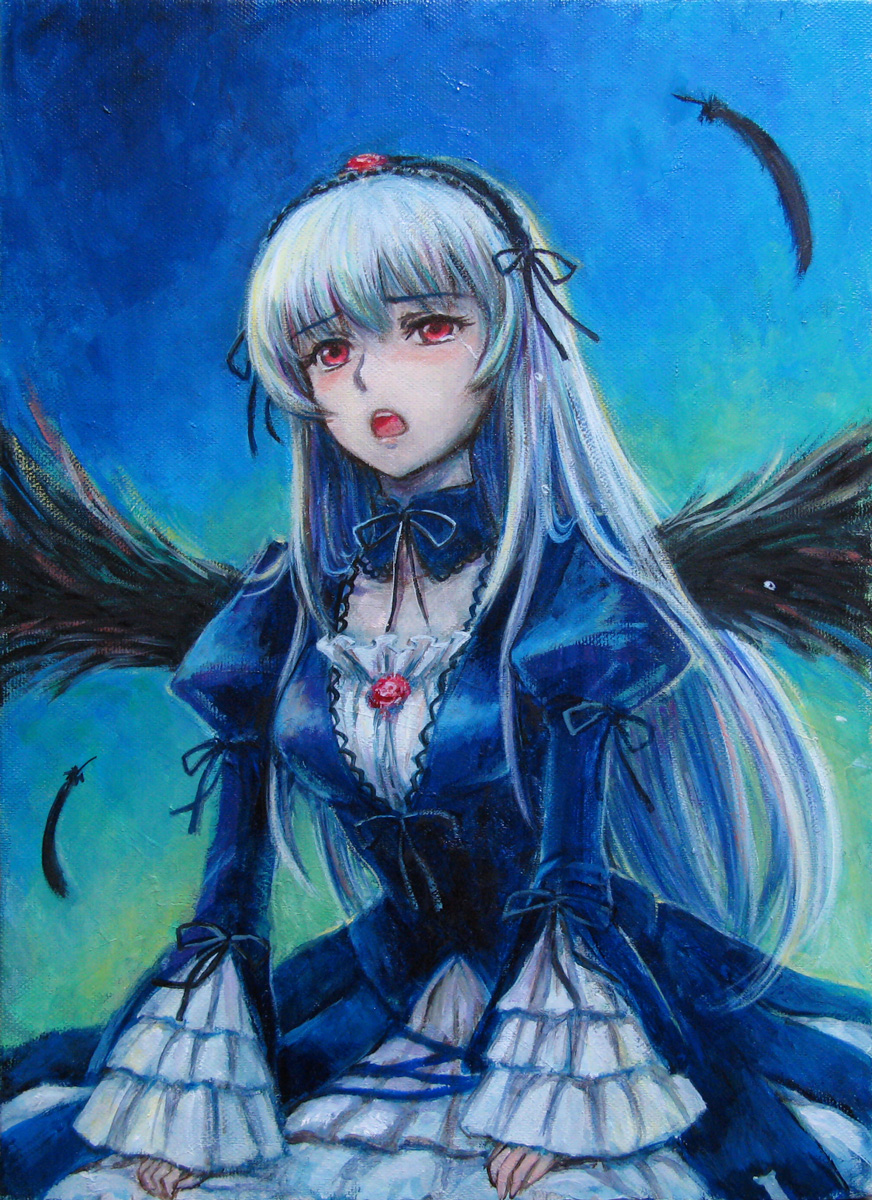 dress feathers hairband highres long_hair md5_mismatch oil_painting_(medium) open_mouth red_eyes rozen_maiden solo suigintou tafuto tears traditional_media white_hair wings