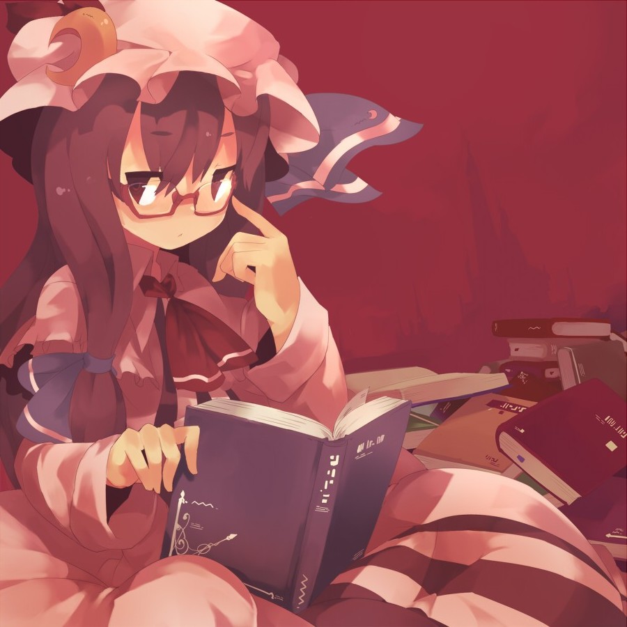 bespectacled book capelet crescent fuukadia_(narcolepsy) glaring glasses hands hat long_hair open_book patchouli_knowledge purple_eyes purple_hair reading sitting solo touhou