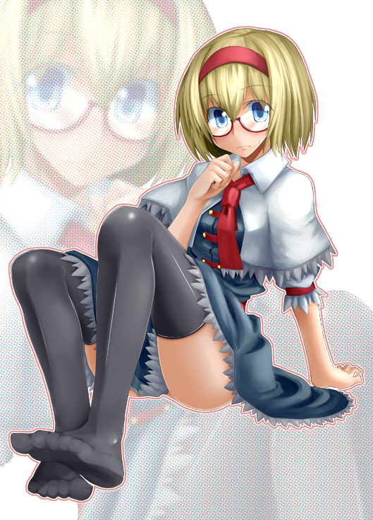 alice_margatroid bespectacled blonde_hair blue_eyes capelet feet glasses hairband halftone halftone_background kasuka legs short_hair solo thighhighs touhou zoom_layer