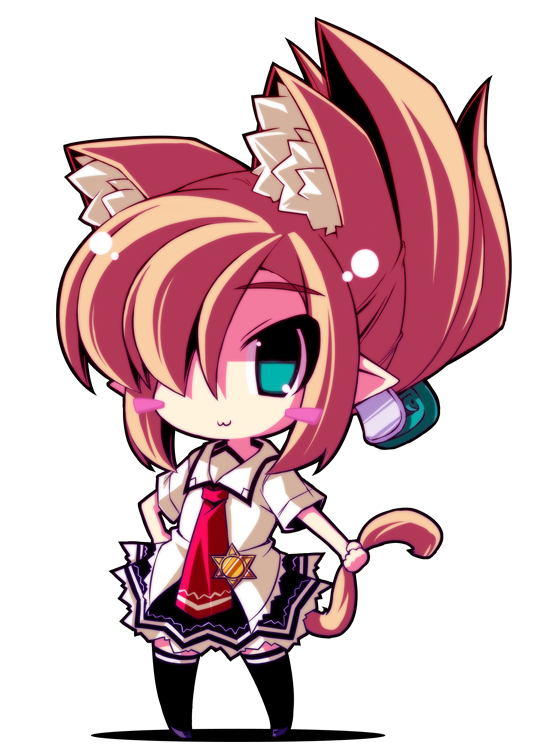 :3 animal_ears blonde_hair blush_stickers cat_ears cat_tail chibi extra_ears full_body green_eyes hair_over_one_eye holding_own_tail marine_(crazy_developers) necktie original pointy_ears rikumaru school_uniform sidelocks skirt solo tail tail_grab thighhighs transparent_background zettai_ryouiki