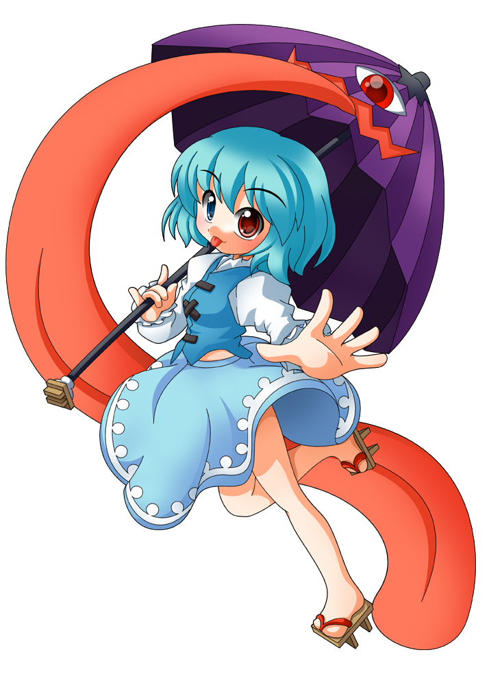 bad_id bad_pixiv_id blue_eyes blue_hair heterochromia karakasa_obake purple_umbrella red_eyes shinjitsu short_hair simple_background solo tatara_kogasa tongue touhou umbrella