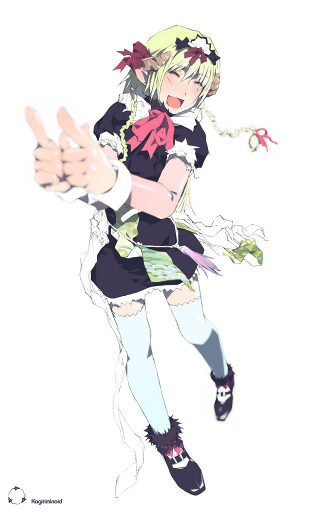 blurry bow foreshortening hair_bow hands legs original pointing ribbon simple_background solo takano_kou thighhighs