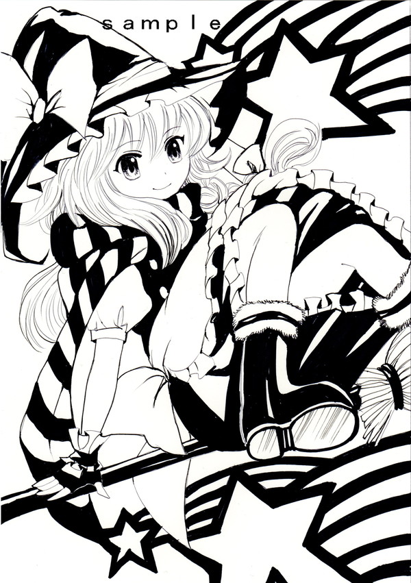 9-6 boots bow braid broom broom_riding frills hair_bow hat hat_ribbon kirisame_marisa long_hair ribbon sample scarf side_braid sitting smile solo star striped striped_scarf touhou witch_hat