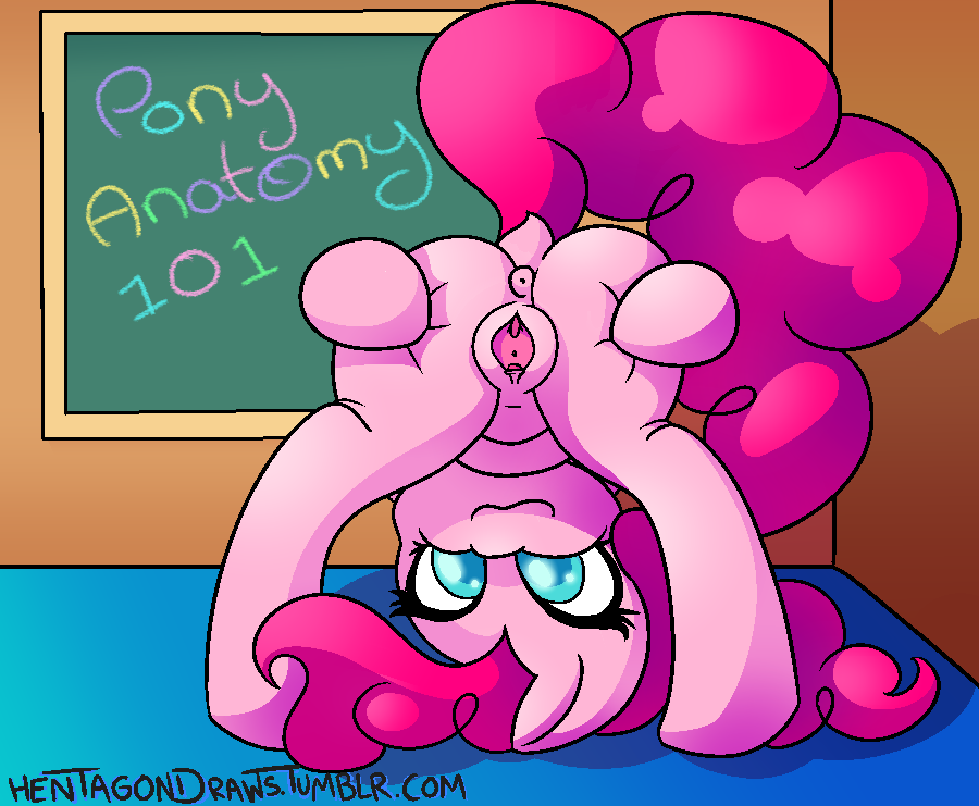 anus blue_eyes colored_text english_text equine female feral friendship_is_magic fur hair hentagon horse looking_at_viewer mammal my_little_pony pink_fur pink_hair pinkie_pie_(mlp) pony presenting pussy smile solo spreading text