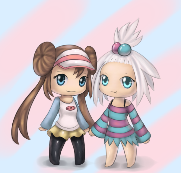 2girls blue_eyes brown_hair chibi dress homika_(pokemon) mei_(pokemon) multiple_girls pantyhose pokemon white_hair