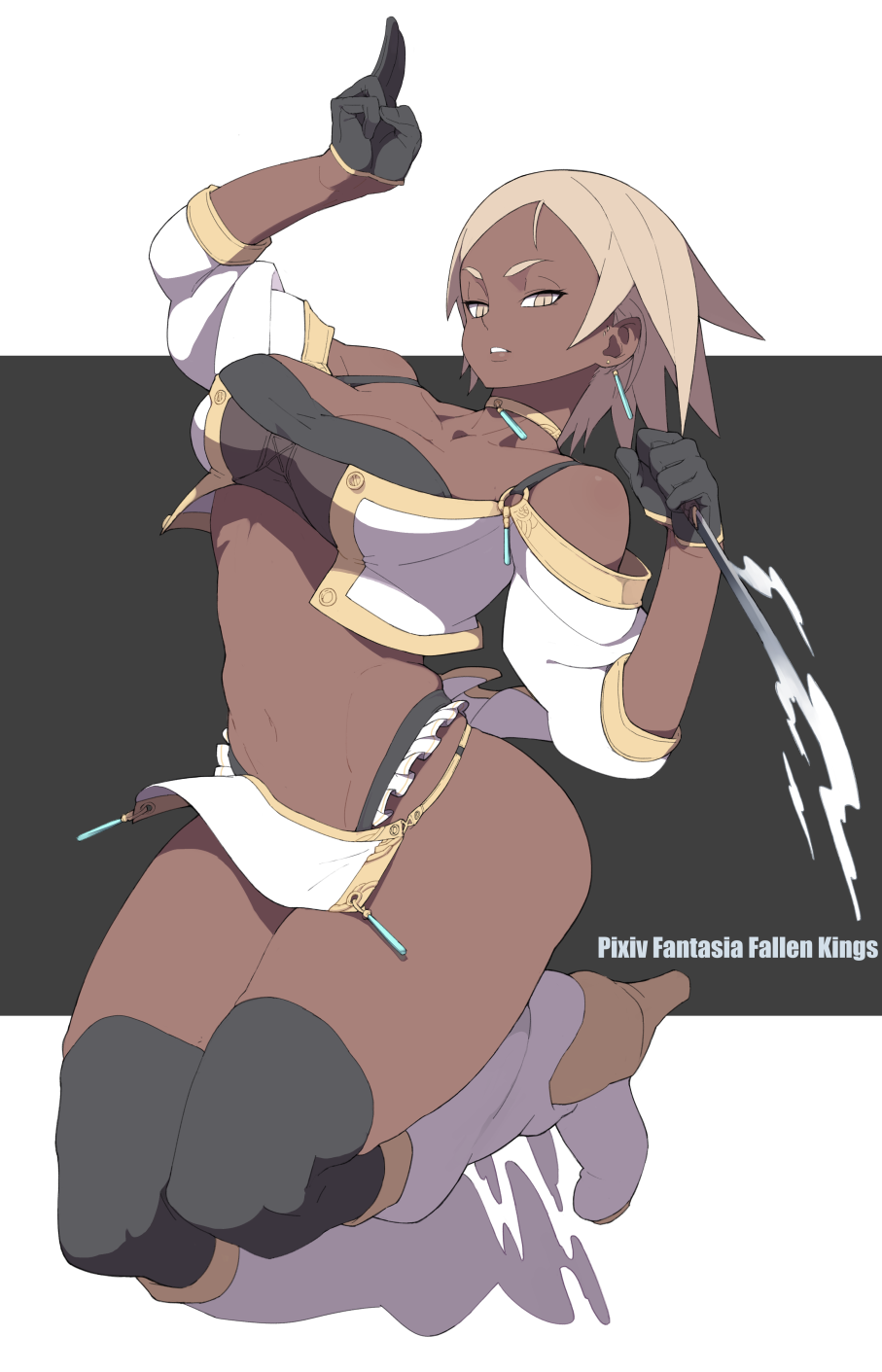 1girl accho_(macchonburike) bare_shoulders black_legwear blonde_hair boots breasts character_request cleavage copyright_name dark_skin earrings english eyebrows gloves jewelry large_breasts loincloth navel necklace pixiv_fantasia pixiv_fantasia_fallen_kings short_hair slit_pupils solo thick_thighs thighhighs thighs weapon yellow_eyes