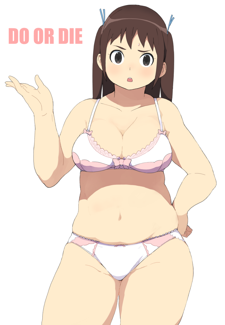 1girl accho_(macchonburike) annoyed black_eyes blush bra breasts brown_hair cleavage english hair_ribbon large_breasts long_hair navel open_mouth original panties plump ribbon simple_background solo standing thick_thighs thighs twintails underwear underwear_only white_bra white_panties