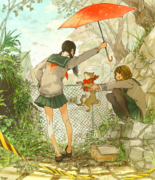 animal bandana black_hair black_legwear box brown_hair dog fence holding holding_umbrella kujyoo long_hair multiple_girls original pantyhose rain school_uniform serafuku shared_umbrella shoes short_hair smile sneakers tree twintails umbrella