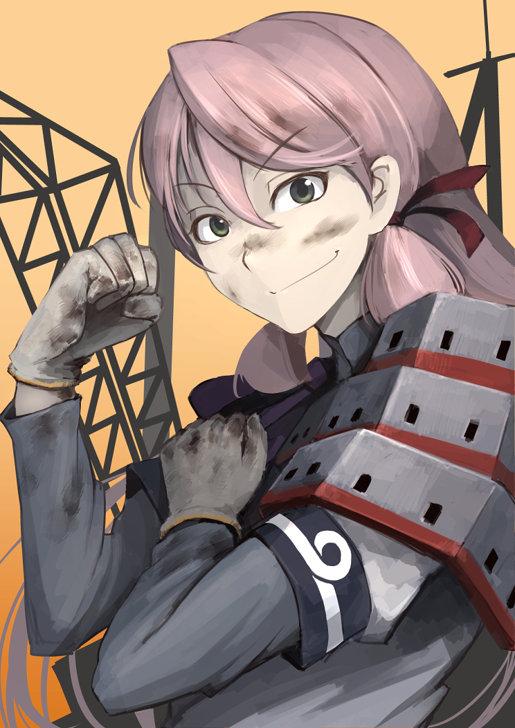 akashi_(kantai_collection) armor dirt dirty_face gloves green_eyes hetza_(hellshock) kantai_collection long_hair looking_at_viewer pink_hair rosie_the_riveter school_uniform smile solo we_can_do_it!