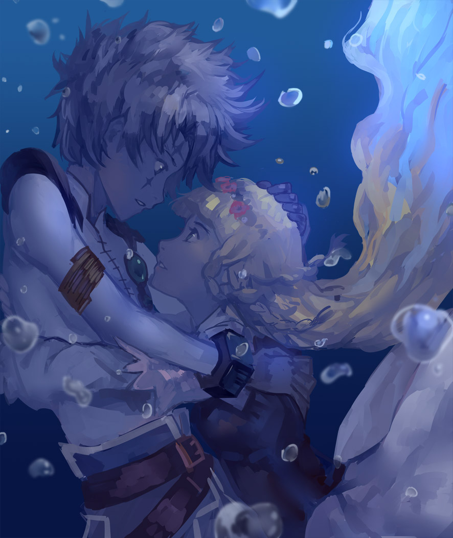 1girl blonde_hair grey_hair hug nanaya_(daaijianglin) senel_coolidge shirley_fennes tales_of_(series) tales_of_legendia underwater