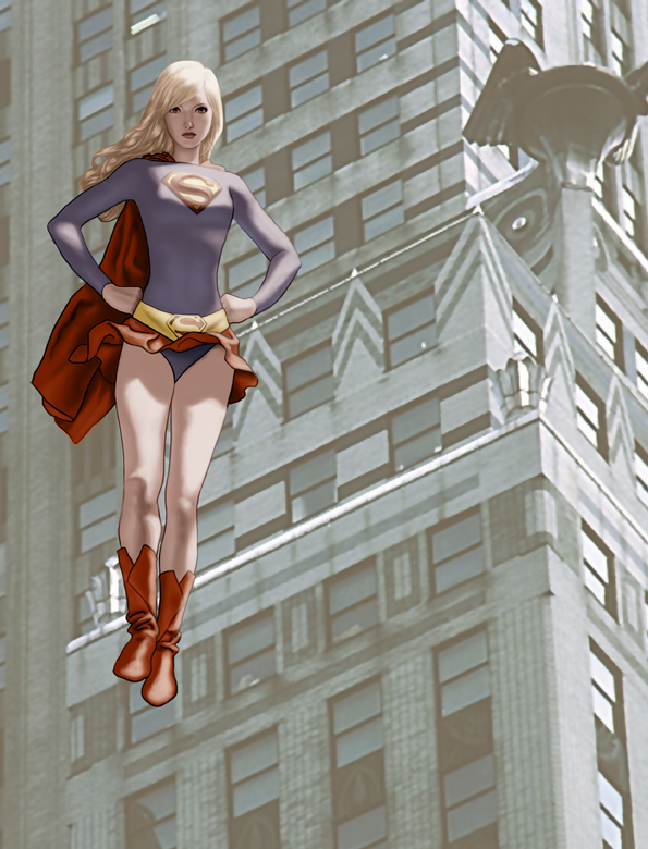 1girl alien blonde_hair boots building cape city dc_comics flying hand_on_hip kara_zor-el kryptonian leotard red_cape red_shoes red_skirt s_shield solo supergirl superman_(series)