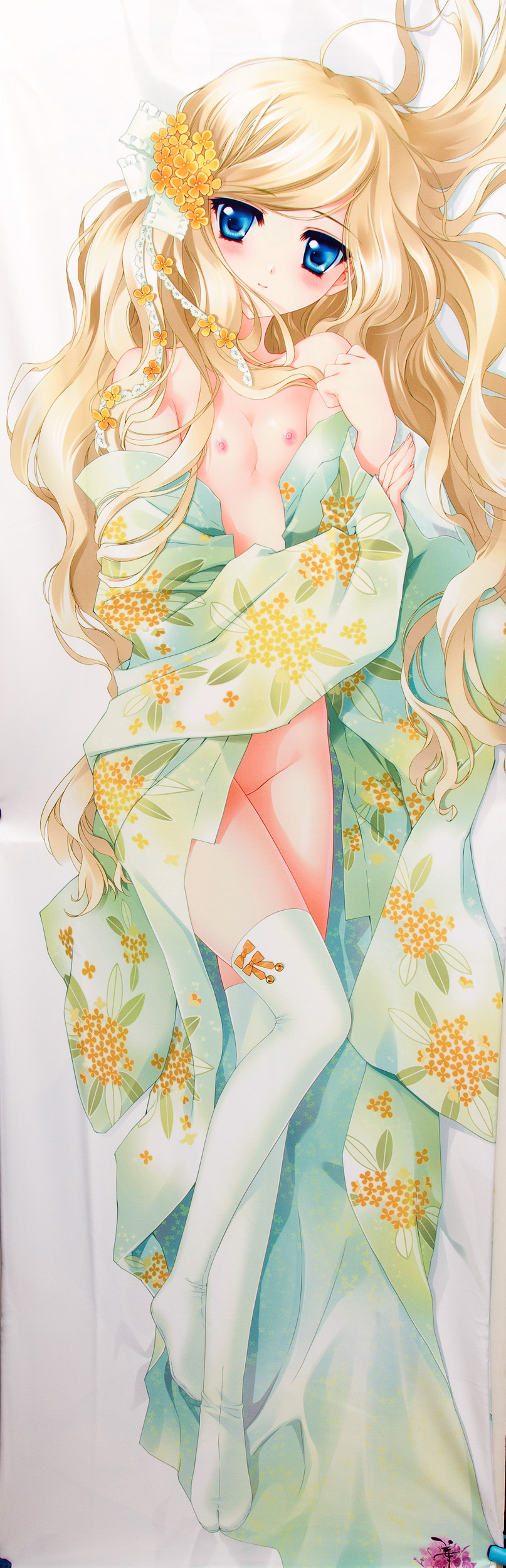 1girl blonde_hair blue_eyes blush breasts carnelian dakimakura female long_hair looking_at_viewer lying navel nipples on_back small_breasts smile solo thighhighs