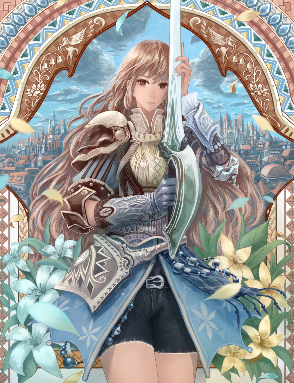 armor armored_dress belt brown_eyes brown_hair city cityscape cloud cloudy_sky cowboy_shot fantasy flower gauntlets highres long_hair looking_at_viewer original pegasus sakimori_(hououbds) shorts shoulder_armor sky solo spaulders sword weapon wind