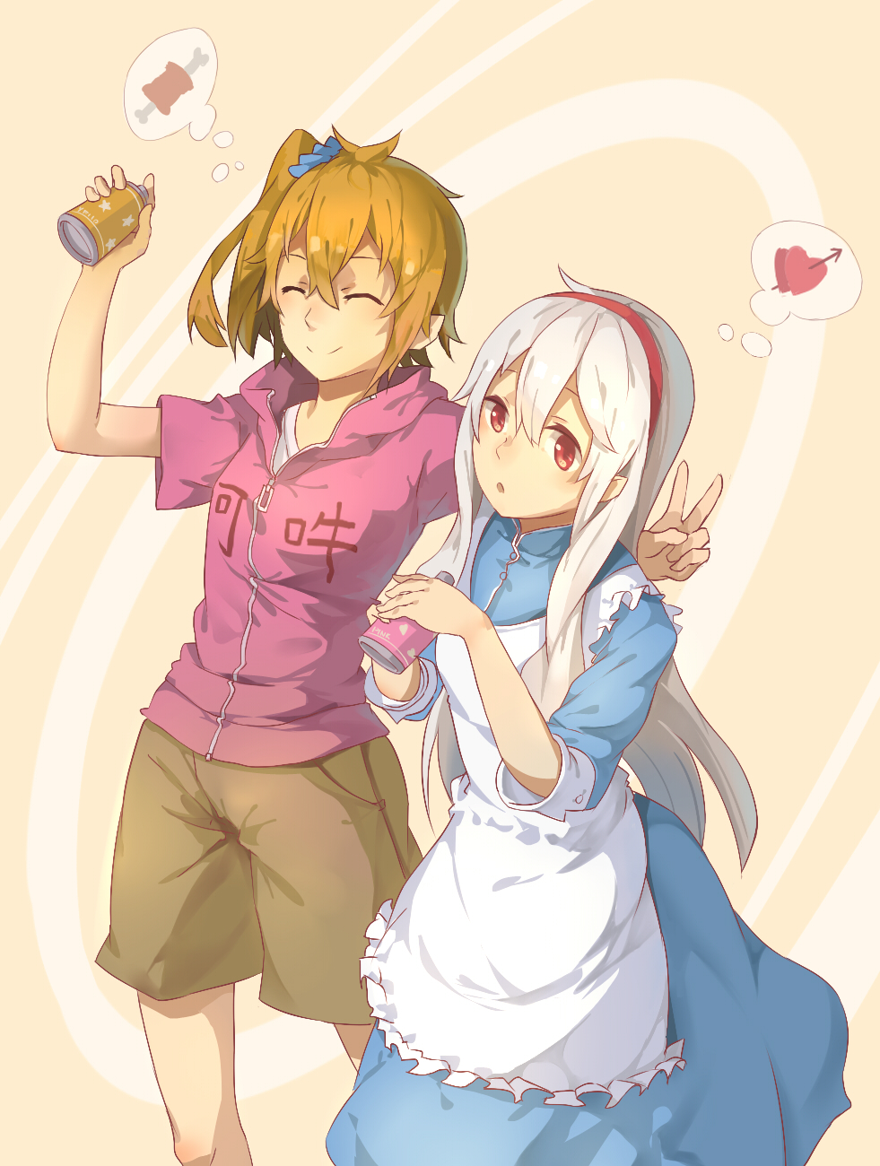 apron arrow arrow_through_heart bad_id bad_pixiv_id blonde_hair blue_dress boned_meat can closed_eyes dress food heart highres hood hoodie huanxiang_heitu kagerou_project kisaragi_momo kozakura_marry looking_at_viewer maid_apron meat multiple_girls open_mouth pose red_eyes scrunchie short_sleeves shorts side_ponytail silver_hair smile thought_bubble
