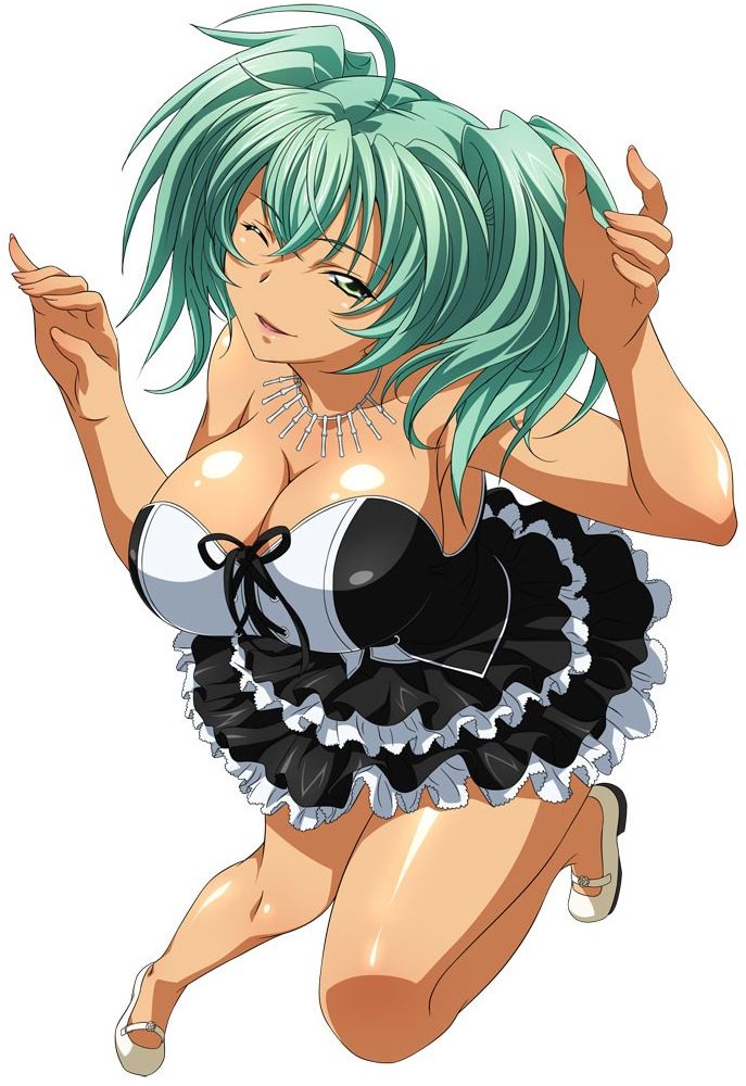 1girl breasts dark_skin dress green_eyes green_hair ikkitousen jewelry large_breasts looking_at_viewer necklace official_art ryofu_housen simple_background smile solo standing twintails white_background wink