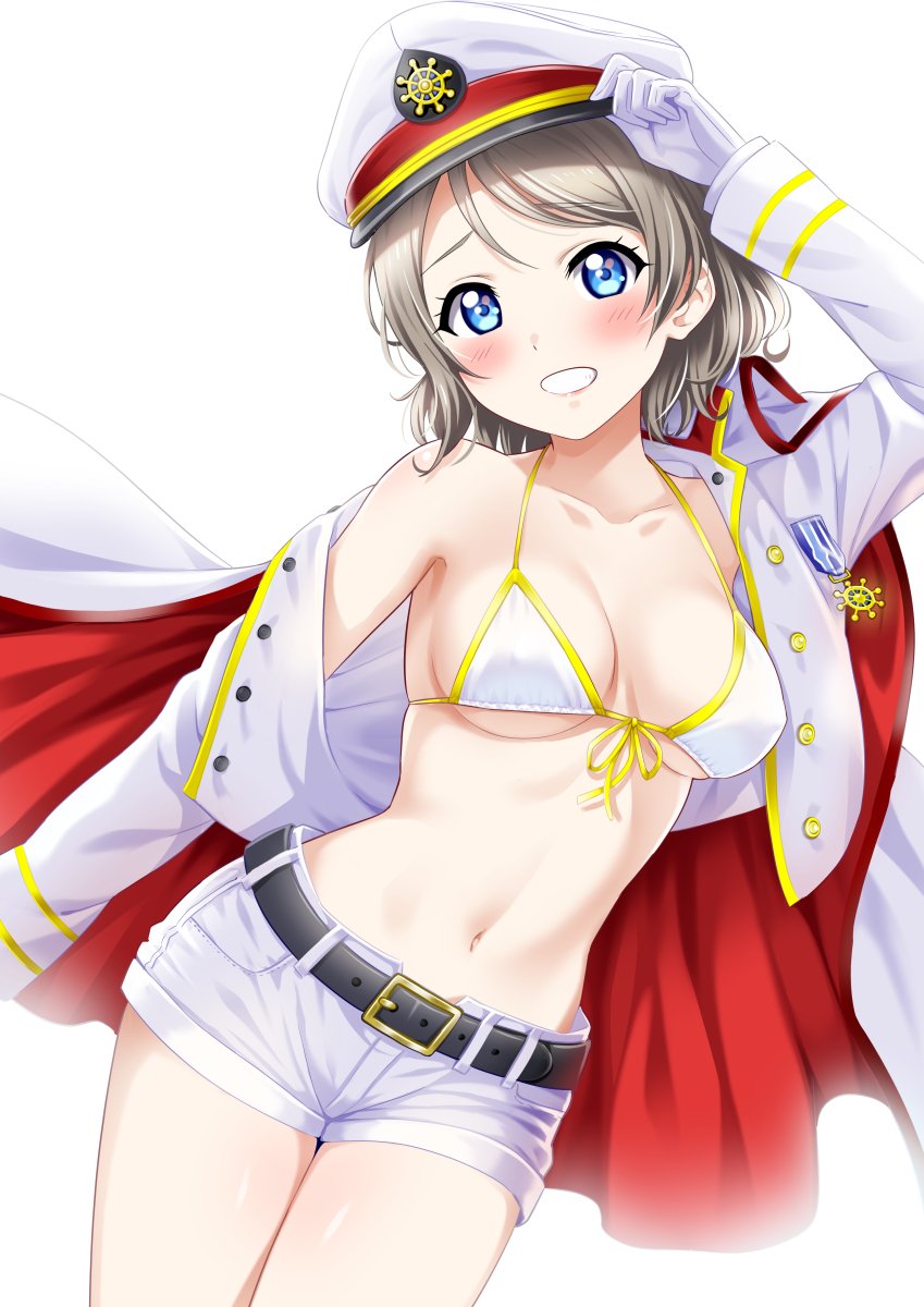 1girl bare_shoulders belt bikini blue_eyes blush breasts buckle cape collar gloves grey_hair grin hat highres long_sleeves looking_at_viewer love_live! love_live!_sunshine!! medium_breasts midriff navel open_clothes open_shirt peaked_cap rozen5 short_hair short_shorts shorts simple_background smile solo swimsuit underboob watanabe_you white_background white_bikini_top white_gloves