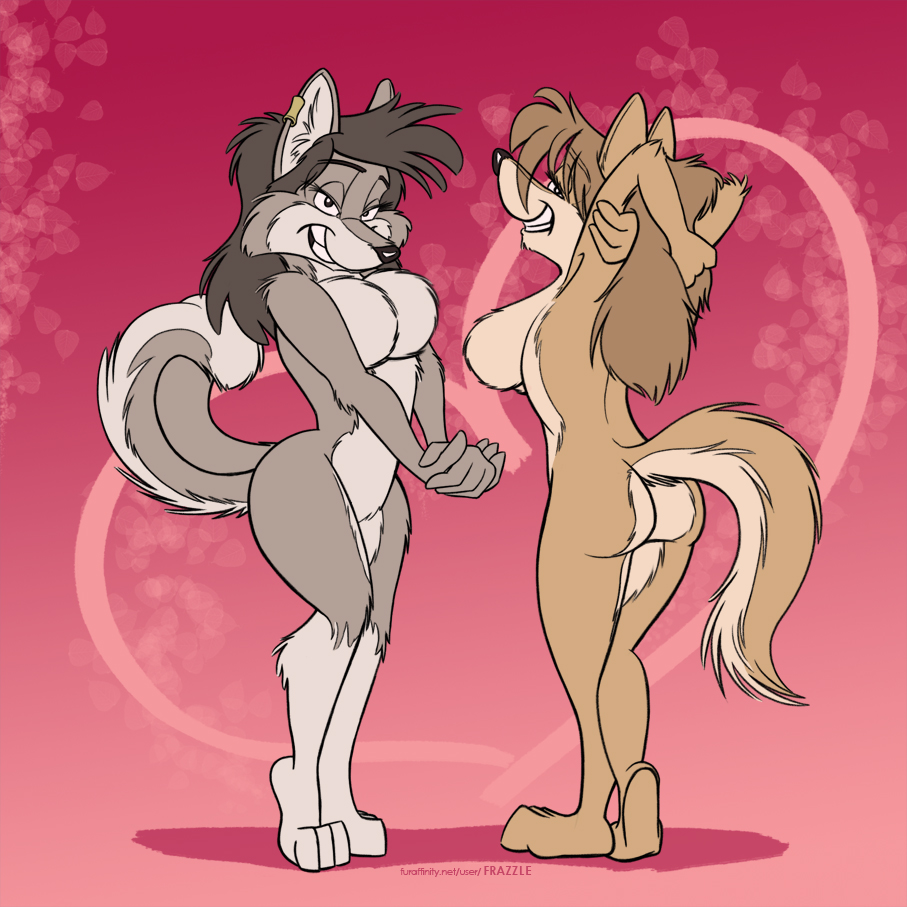 anthro black_nose breasts butt canine clasped_hands cute duo ear_piercing eye_lashes eyebrows eyelashes female fluffy frazzle fur grey_fur hair hands_behind_head hindpaw long_hair looking_at_viewer mammal paws piercing pink_background plain_background pose skinny smile stretching wolf