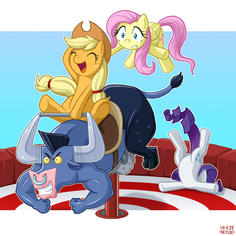 applejack_(mlp) blonde_hair blue_eyes cowboy_hat cutie_mark equine facial_piercing fall female fluttershy_(mlp) friendship_is_magic group hair hat horn horse iron_will_(mlp) mammal mechanical_bull my_little_pony nose_piercing nose_ring pegasus piercing pink_hair pony purple_hair rarity_(mlp) sitting unicorn uotapo wings