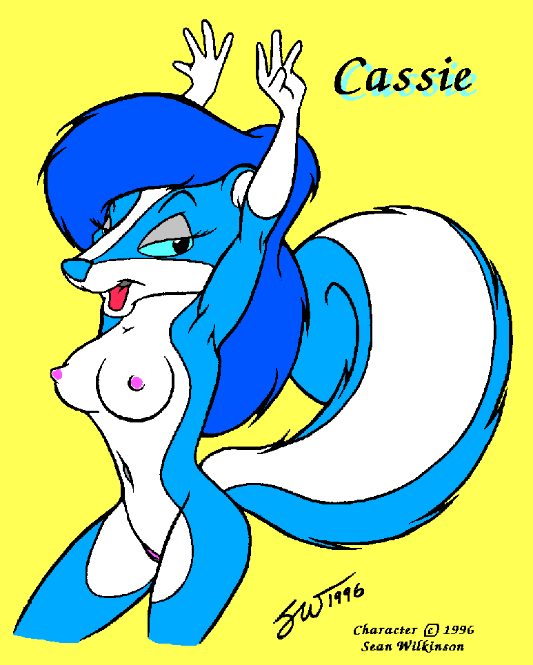 blue_eyes blue_fur blue_hair blue_nose breasts cassie eye_lashes eyelashes female fur hair looking_at_viewer mammal navel nipples nude open_mouth pixel_art plain_background pussy raised_arm sean_wilkinson skinny skunk smile solo tongue yellow_background