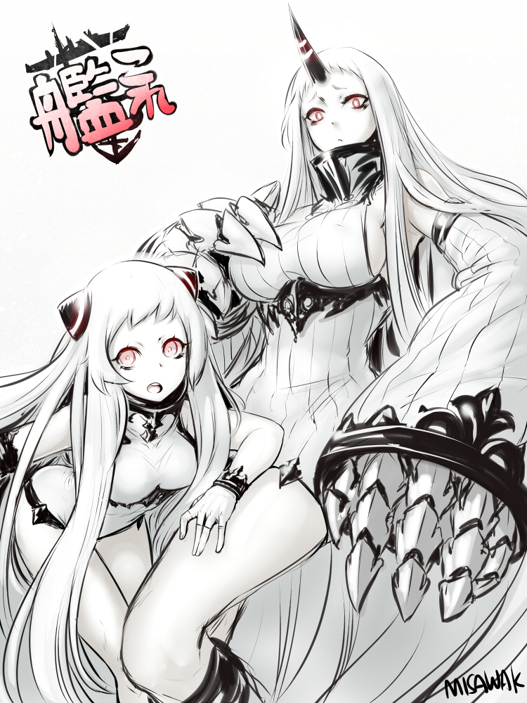 airfield_hime breasts claws detached_sleeves dress horn horns kantai_collection large_breasts leotard long_hair misawa_kei multiple_girls pale_skin red_eyes ribbed_dress seaport_hime shinkaisei-kan short_dress thighs very_long_hair white_hair