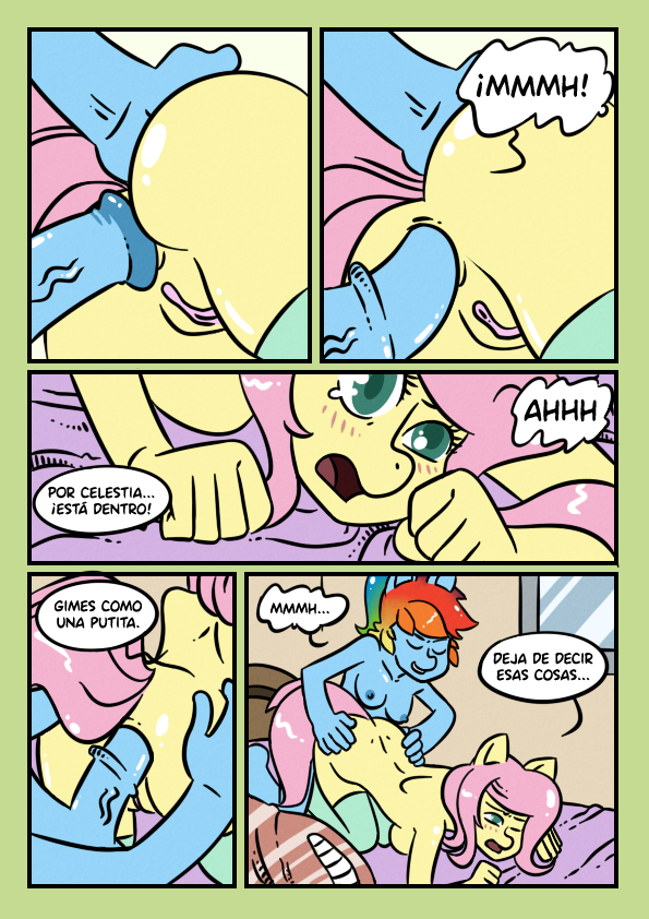 anal anal_penetration animal_genitalia anthro anthrofied anus bed blue_body blush breasts comic dialog dickgirl dickgirl_on_female dirty_talk duo equine ernisquernis eyes_closed female fluttershy_(mlp) friendship_is_magic hair horsecock inside intersex legwear mammal multi-colored_hair my_little_pony nipples nude one_eye_closed open_mouth penetration penis pink_hair rainbow_dash_(mlp) rainbow_hair sex spanish text thigh_highs yellow_body