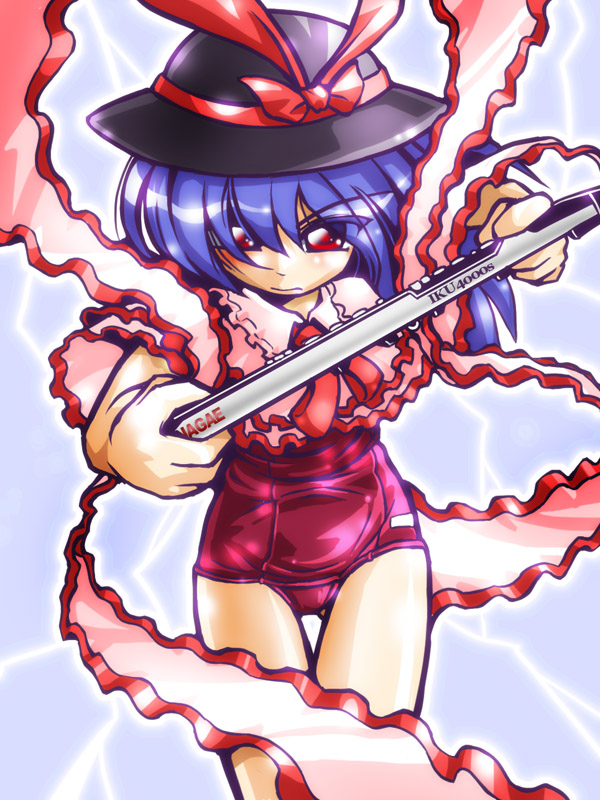 alternate_color_school_swimsuit blue_hair electric_wind_instrument hat instrument nagae_iku one-piece_swimsuit red_eyes red_swimsuit ribbon school_swimsuit solo swimsuit touhou winn