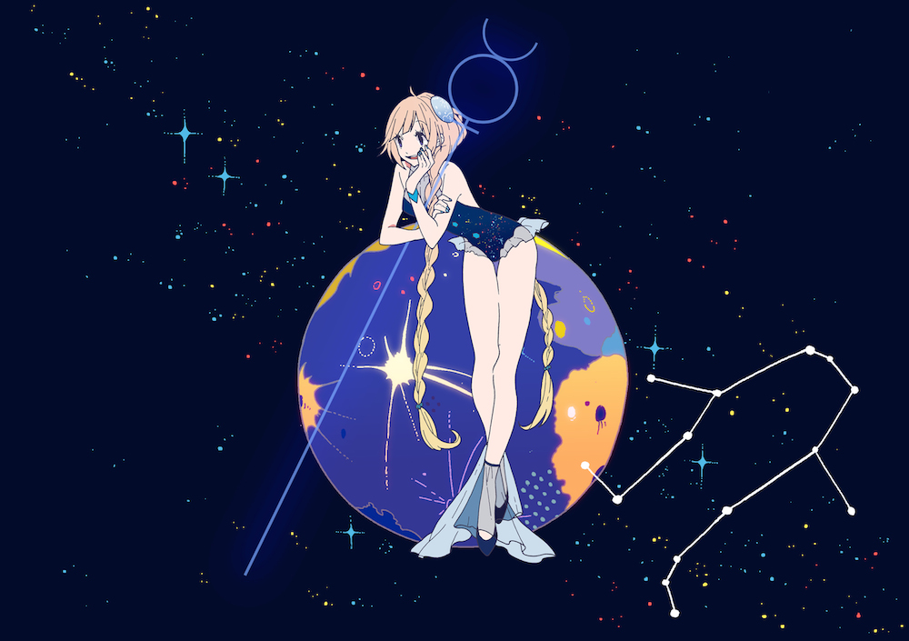 bad_id bad_pixiv_id bare_legs blonde_hair blue_leotard bracelet braid constellation hair_ornament hair_over_shoulder high_heels jewelry keishin leotard long_hair looking_away mercury_(planet) mercury_symbol nail_polish original personification planet see-through sky smile solo space star_(sky) twin_braids very_long_hair virgo_(constellation)