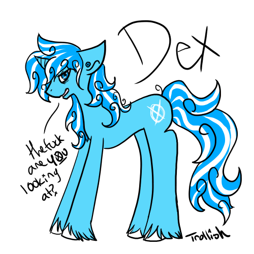 blue_fur dex english_text equine friendship_is_magic fur hair horn horse mammal my_little_pony piercing pony text trollish unicorn