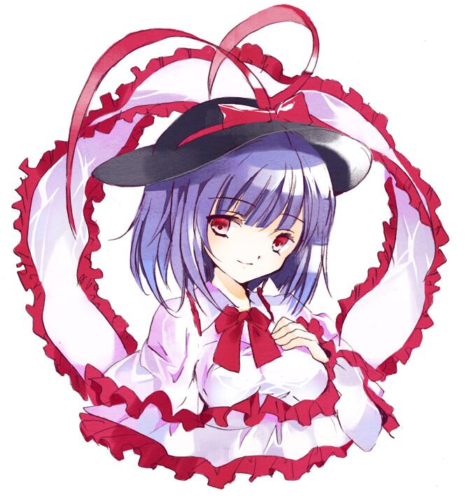 bad_id bad_twitter_id blue_hair bow breasts cierra_(ra-bit) frills hat hat_bow long_sleeves looking_at_viewer medium_breasts nagae_iku portrait red_eyes shawl short_hair simple_background smile solo touhou white_background