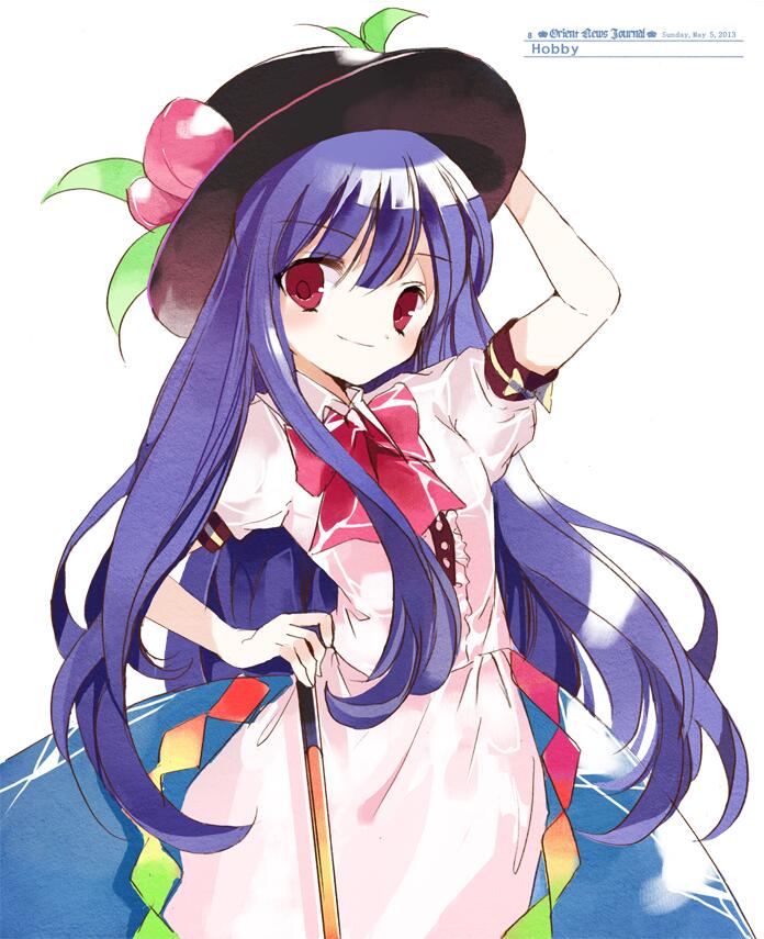 bad_id bad_twitter_id blue_hair blush bow cierra_(ra-bit) dress english food frills fruit hat hinanawi_tenshi leaf long_hair looking_at_viewer peach puffy_sleeves red_eyes short_sleeves simple_background smile solo sword_of_hisou text_focus touhou white_background