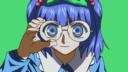 bespectacled blue_eyes dr765 glasses hair_bobbles hair_ornament joshi_kousei kawashiro_nitori lips looking_at_viewer parody solo touhou two_side_up