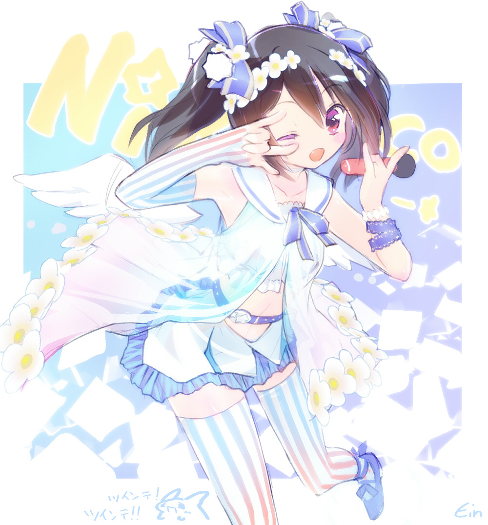 ;d \m/ black_hair blue ein_(long_cake) elbow_gloves flower gloves hair_flower hair_ornament hair_ribbon idol love_live! love_live!_school_idol_project microphone one_eye_closed open_mouth red_eyes ribbon sailor_collar single_elbow_glove smile striped striped_gloves striped_legwear thighhighs twintails vertical-striped_legwear vertical_stripes yazawa_nico