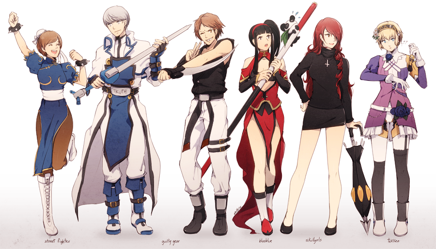 aegis_(persona) alisa_boskonovich alisa_boskonovich_(cosplay) amagi_yukiko android arc_system_works black_hair blazblue blonde_hair blue_eyes boots bracelet braid breasts brown_eyes brown_hair bun_cover china_dress chinese_clothes chipp_zanuff chipp_zanuff_(cosplay) chun-li chun-li_(cosplay) cleavage color_connection company_connection cosplay cross crossover double_bun dress flower gloves grey_eyes grey_hair guilty_gear hair_color_connection hair_flower hair_ornament hair_over_one_eye hairband hairstyle_connection hanamura_yousuke jewelry kirijou_mitsuru kneehighs ky_kiske ky_kiske_(cosplay) lao_jiu litchi_faye_ling litchi_faye_ling_(cosplay) long_hair look-alike medium_breasts multiple_crossover mushisotisis narukami_yuu panda pantyhose parasoul_(skullgirls) parasoul_(skullgirls)_(cosplay) pelvic_curtain persona persona_3 persona_4 red_eyes red_hair robot_joints sash satonaka_chie short_hair skirt skullgirls smile spiked_bracelet spikes street_fighter sweater sword tabard tekken thighhighs trait_connection umbrella weapon