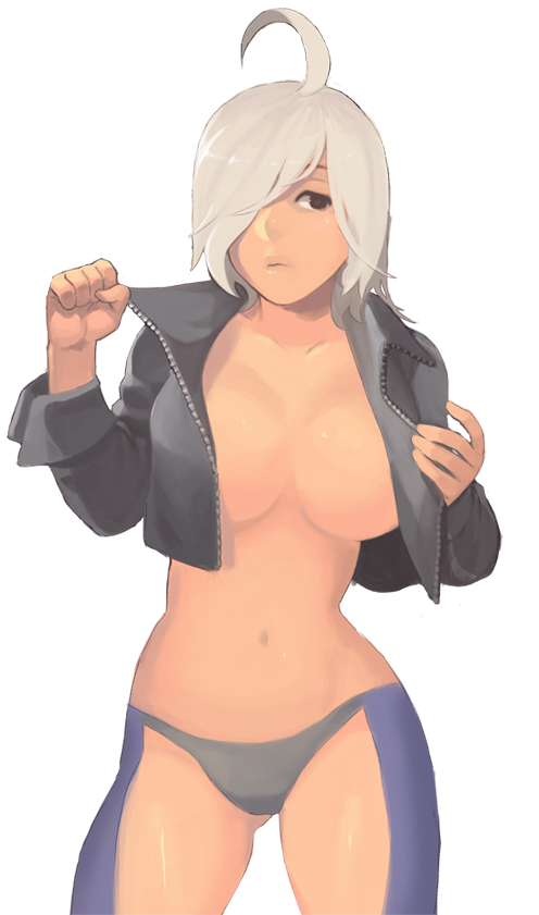 ahoge angel_(kof) breasts chaps cropped_jacket grey_panties hair_over_one_eye jacket large_breasts no_bra no_pants open_clothes open_jacket panties silver_hair solo steward_b the_king_of_fighters underwear