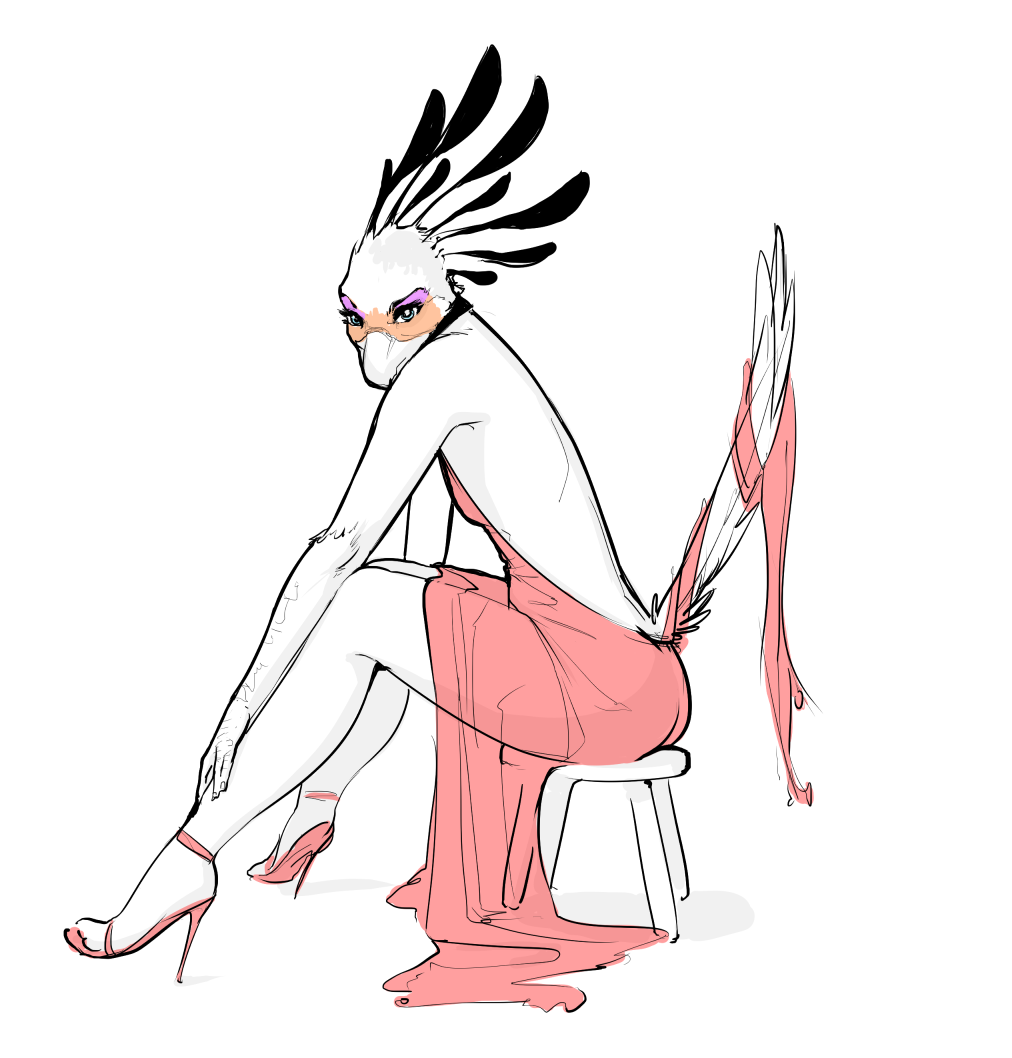 bird crossdressing falcon_mccooper feathers high_heels looking_at_viewer male proxer_(character) secretary_bird solo tailfeathers