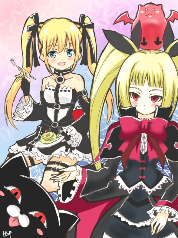 2girls arc_system_works artist_request bare_shoulders blazblue blonde_hair blue_eyes blush crossover dead_or_alive detached_sleeves dress fingerless_gloves gii gloves gothic_lolita hair_ribbon lolita_fashion long_hair marie_rose multiple_girls nago open_mouth rachel_alucard red_eyes ribbon smile spiritual_b90 twintails