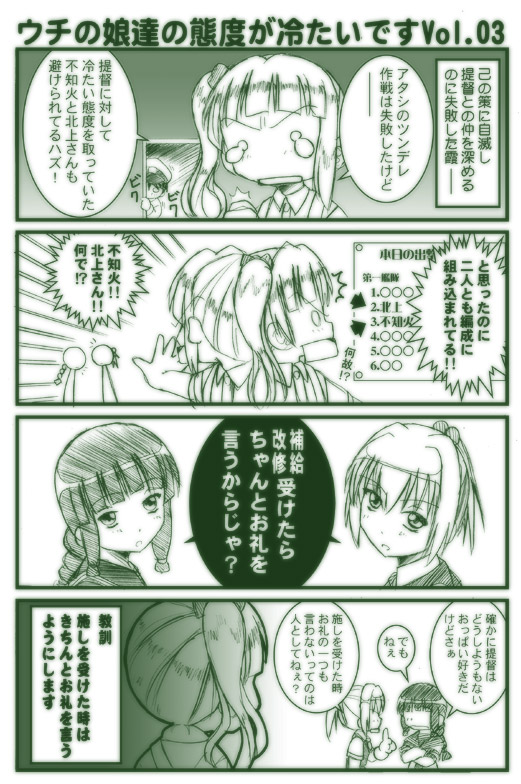 3girls 4koma admiral_(kantai_collection) bangs blunt_bangs braid comic crying crying_with_eyes_open kantai_collection kasumi_(kantai_collection) keito_(keito-ya) kitakami_(kantai_collection) long_hair looking_at_viewer monochrome multiple_girls o_o school_uniform serafuku shiranui_(kantai_collection) tears translated tsundere