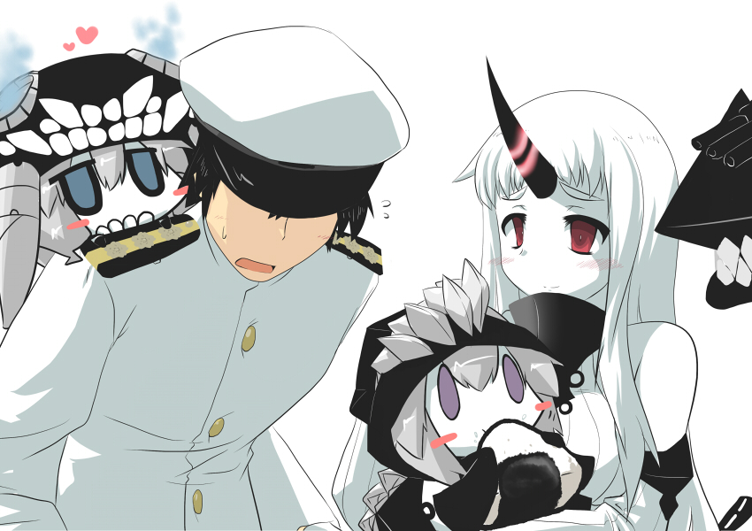 3girls admiral_(kantai_collection) aqua_eyes bent_over blush blush_stickers check_commentary chibi commentary commentary_request eating flying_sweatdrops food goma_(gomasamune) hand_on_another's_head hat heart holding hood horn kantai_collection long_sleeves military military_uniform multiple_girls naval_uniform onigiri purple_eyes re-class_battleship red_eyes riding seaport_hime shinkaisei-kan simple_background smile sweatdrop tail uniform white_background white_skin wo-class_aircraft_carrier