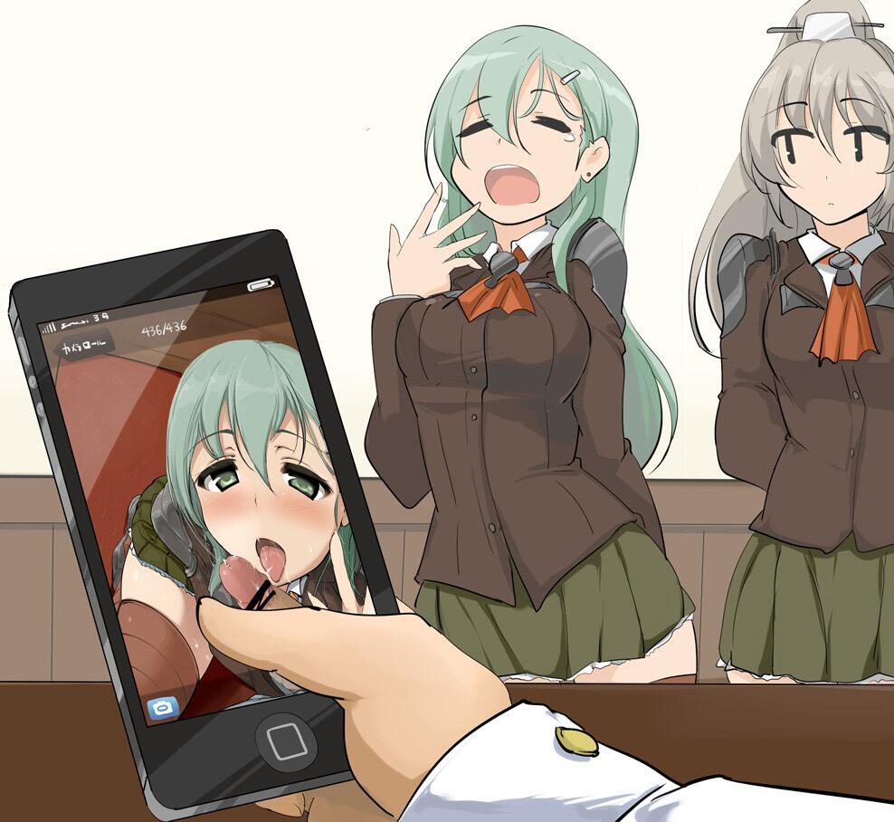 2girls admiral_(kantai_collection) aqua_hair blush brown_hair cellphone cellphone_picture fellatio hair_ornament hairclip hetero kantai_collection kumano_(kantai_collection) long_hair momio multiple_girls open_mouth oral penis phone ponytail school_uniform skirt smartphone suzuya_(kantai_collection) thighhighs yawning