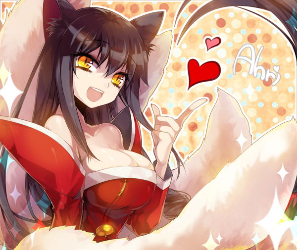 ahri animal_ears asamiyajy black_hair breasts character_name cleavage detached_sleeves fox_ears fox_tail heart large_breasts league_of_legends long_hair long_sleeves low_neckline multiple_tails open_mouth smile solo tail yellow_eyes