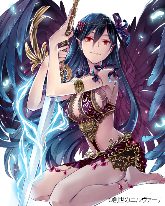 anklet barefoot blue_hair feathered_wings glowing glowing_weapon holding holding_weapon jewelry long_hair looking_at_viewer mikuni_(mikunik) official_art pointy_ears red_eyes sitting skirt smile solo sousei_no_nirvana sword watermark weapon white_background wings