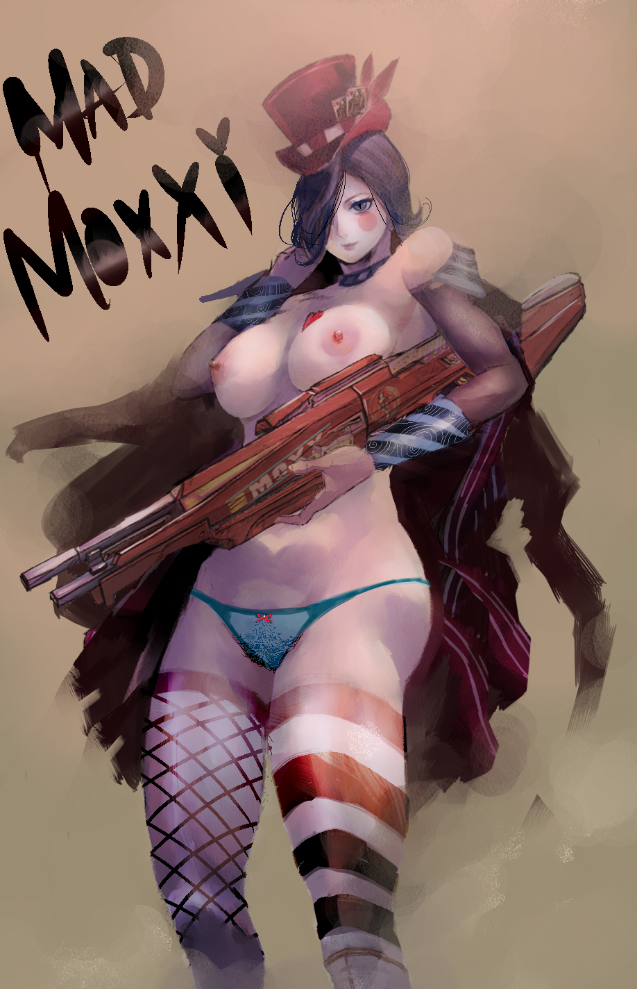 1girl asymmetrical_clothes asymmetrical_clothing asymmetrical_legwear black_hair blush_stickers borderlands breasts character_name clothes coat female fishnets gun hat heart homex large_breasts mad_moxxi makeup nipples no_bra panties pubic_hair see-through solo striped striped_legwear tattoo thighhighs top_hat transparent_clothing underwear weapon