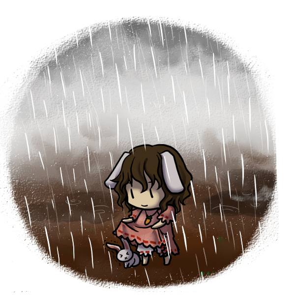 &gt;_&lt; :x animal_ears brown_hair bunny bunny_ears chibi closed_eyes inaba_tewi puddle rain short_hair simple_background skirt skirt_lift socha solo touhou trembling |_|