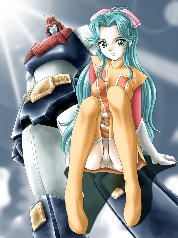 aqua_eyes aqua_hair bad_id bad_pixiv_id boots choudenji_machine_voltes_v gloves hair_ribbon long_hair mecha oka_megumi panties pantyshot pantyshot_(sitting) ponytail ribbon sitting sunlight thigh_boots thighhighs underwear voltes_v_(mecha) white_panties zummy