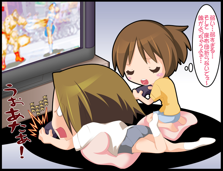 akaho_sakura bad_id bad_pixiv_id barefoot brown_hair chibi chun-li closed_eyes controller hirasawa_ui joystick k-on! kneeling lying multiple_girls on_stomach open_mouth pantyhose pillow playing_games ponytail short_hair socks street_fighter tainaka_ritsu television tomboy translated video_game zangief