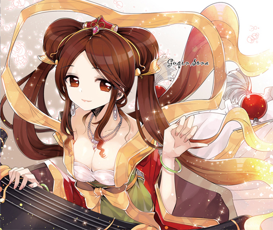 alternate_costume alternate_hair_color asamiyajy bracelet breasts brown_eyes brown_hair chinese_clothes cleavage dress earrings guqin_sona hagoromo hanfu instrument jewelry league_of_legends long_hair long_sleeves medium_breasts necklace sash shawl smile solo sona_buvelle sparkle twintails