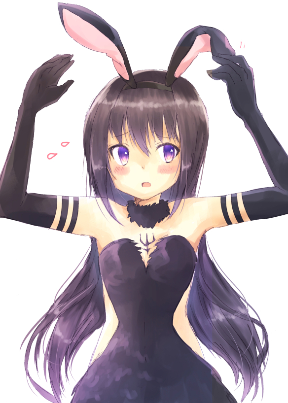 akemi_homura akuma_homura animal_ears bad_id bad_pixiv_id bare_shoulders black_gloves black_hair blush bunny_ears choker dress elbow_gloves embarrassed fake_animal_ears gloves hairband long_hair looking_away mahou_shoujo_madoka_magica mahou_shoujo_madoka_magica_movie nervous open_mouth purple_eyes shiramori_sawa simple_background solo spoilers sweatdrop very_long_hair white_background