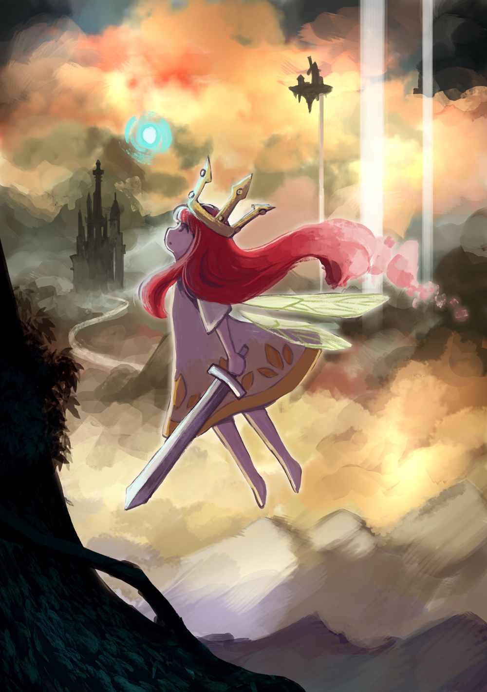:o barefoot castle child_of_light_(game) cloud crown floating_island flying full_body highres holding igniculus long_hair mashiro_kiichi outdoors pink_hair princess_aurora profile short_sleeves silhouette sword weapon wings